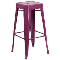 Flash Furniture ET-BT3503-30-PUR-GG 30 inch Purple Stackable Metal Indoor / Outdoor Backless Bar Height Stool with Square Drain Seat