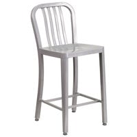 Flash Furniture CH-61200-24-SIL-GG 24 inch Silver Metal Indoor / Outdoor Counter Height Stool with Vertical Slat Back