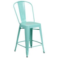 Flash Furniture ET-3534-24-MINT-GG 24 inch Green Mint Galvanized Steel Counter Height Stool with Vertical Slat Back and Drain Hole Seat