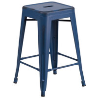 Flash Furniture ET-BT3503-24-AB-GG 24 inch Distressed Antique Blue Stackable Metal Indoor / Outdoor Backless Counter Height Stool with Square Drain Seat