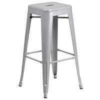 Flash Furniture CH-31320-30-SIL-GG 30 inch Silver Stackable Metal Indoor / Outdoor Backless Bar Height Stool with Square Drain Seat