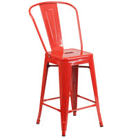 Flash Furniture CH-31320-24GB-RED-GG 24 inch Red Galvanized Steel Counter Height Stool with Vertical Slat Back and Drain Hole Seat