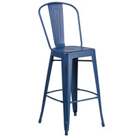Flash Furniture ET-3534-30-AB-GG 30 inch Distressed Antique Blue Metal Indoor / Outdoor Bar Height Stool with Vertical Slat Back and Drain Hole Seat
