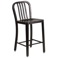 Flash Furniture CH-61200-24-BQ-GG 24 inch Black-Antique Gold Metal Indoor / Outdoor Counter Height Stool with Vertical Slat Back