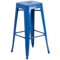 Flash Furniture CH-31320-30-BL-GG 30 inch Blue Stackable Metal Indoor / Outdoor Backless Bar Height Stool with Square Drain Seat