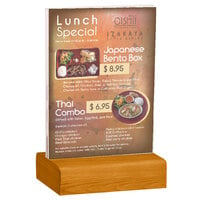 Menu Solutions WBCL-E 5 1/2" x 8 1/2" Clear Acrylic Table Tent with Solid Country Oak Wood Base