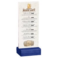 Menu Solutions WBCL-BA 4 1/4" x 11" Clear Acrylic Table Tent with Solid True Blue Wood Base