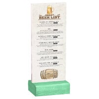 Menu Solutions WBCL-BA 4 1/4" x 11" Clear Acrylic Table Tent with Solid Washed Teal Wood Base