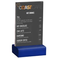 Menu Solutions WBCL-A 4" x 6" Clear Acrylic Table Tent with Solid True Blue Wood Base