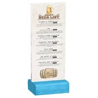 Menu Solutions WBCL-BA 4 1/4" x 11" Clear Acrylic Table Tent with Solid Sky Blue Wood Base
