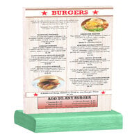 Menu Solutions WBCL-C 8 1/2" x 11" Clear Acrylic Table Tent with Solid Washed Teal Wood Base