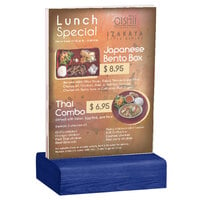 Menu Solutions WBCL-E 5 1/2" x 8 1/2" Clear Acrylic Table Tent with Solid True Blue Wood Base