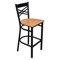 Lancaster Table & Seating Black Finish Cross Back Bar Stool with Natural Wood Seat - Assembled