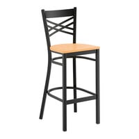 Lancaster Table & Seating Black Finish Cross Back Bar Stool with Natural Wood Seat - Assembled