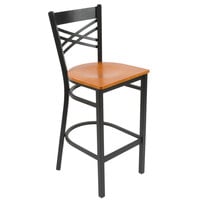 Lancaster Table & Seating Black Finish Cross Back Bar Stool with Cherry Wood Seat - Detached