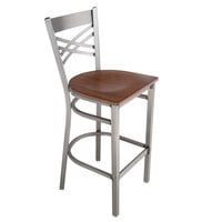Lancaster Table & Seating Clear Coat Finish Cross Back Bar Stool with Antique Walnut Wood Seat