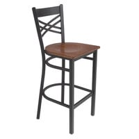 Lancaster Table & Seating Black Finish Cross Back Bar Stool with Antique Walnut Wood Seat