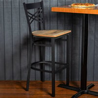 Lancaster Table & Seating Black Finish Cross Back Bar Stool with Driftwood Seat - Detached