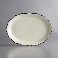 Choice 12 5/8" x 9 1/4" Ivory (American White) Scalloped Edge Stoneware Platter with Black Band - 12/Case