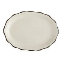 Acopa 12 5/8" x 9 1/4" Ivory (American White) Scalloped Edge Stoneware Platter with Black Band - 12/Case