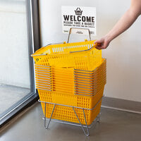 Regency Yellow 18 3/4 inch x 11 1/2 inch Plastic Grocery Market Shopping Baskets with Stand and Sign