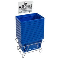 Regency Blue 16 3/4" x 11 13/16" Plastic Grocery Market Shopping Baskets with Stand and Sign