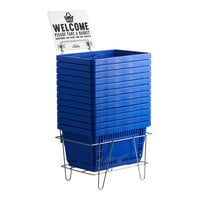 Regency Blue 16 3/4" x 11 13/16" Plastic Grocery Market Shopping Baskets with Stand and Sign