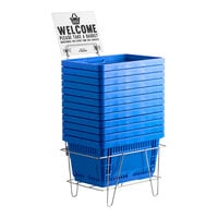 Regency Blue 16 3/4" x 11 13/16" Plastic Grocery Market Shopping Baskets with Stand and Sign