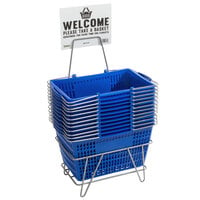 Regency Blue 18 3/4 inch x 11 1/2 inch Plastic Grocery Market Shopping Baskets with Stand and Sign