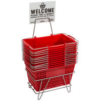 Regency Red 18 3/4 inch x 11 1/2 inch Plastic Grocery Market Shopping Baskets with Stand and Sign