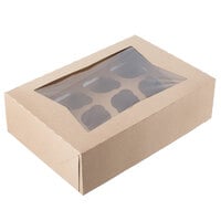 14 inch x 10 inch x 4 inch Kraft Window Cupcake / Muffin Box with 12 Slot Reversible Insert - 10/Pack