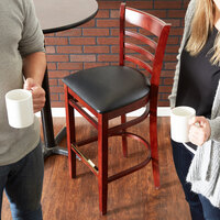 Lancaster Table & Seating Mahogany Ladder Back Bar Height Chair with Black Padded Seat - Detached Seat