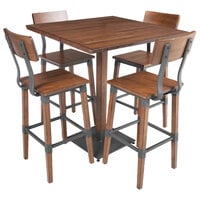 Lancaster Table & Seating Industrial 36" Square Antique Walnut Solid Wood Live Edge Bar Height Table with 4 Bar Stools