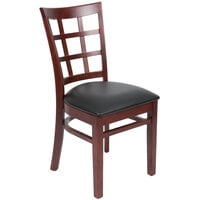 Lancaster Table & Seating Mahogany Finish Wood Window Back Chair with Black Vinyl Seat