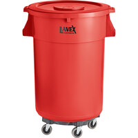 Lavex Janitorial 32 Gallon Red Round Commercial Trash Can with Lid and Dolly