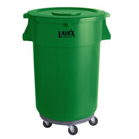 Lavex Janitorial 44 Gallon Green Round Commercial Trash Can with Lid and Dolly