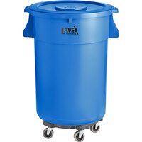 Lavex Janitorial 32 Gallon Blue Round Commercial Trash Can with Lid and Dolly