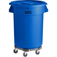 Lavex 32 Gallon Blue Round Commercial Trash Can with Lid and Dolly