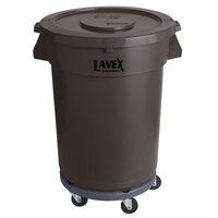 Lavex Janitorial 32 Gallon Brown Round Commercial Trash Can with Lid and Dolly