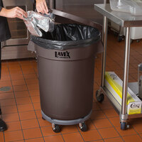 Lavex Janitorial 32 Gallon Brown Round Commercial Trash Can with Lid and Dolly