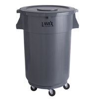Lavex Janitorial 44 Gallon Gray Round Commercial Trash Can with Lid and Dolly
