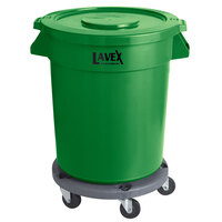 Lavex Janitorial 20 Gallon Green Round Commercial Trash Can with Lid and Dolly