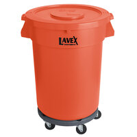 Lavex Janitorial 32 Gallon Orange Round High Visibility Commercial Trash Can with Lid and Dolly