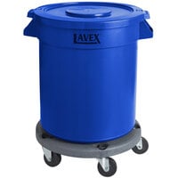 Lavex Blue Round Commercial Trash Can with Lid and Dolly