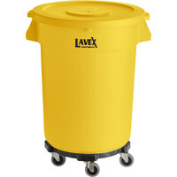 Lavex Janitorial 32 Gallon Yellow Round Commercial Trash Can with Lid and Dolly