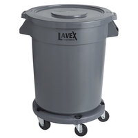 Lavex Janitorial 20 Gallon Gray Round Commercial Trash Can with Lid and Dolly