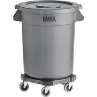 Lavex Gray Round Commercial Trash Can with Lid and Dolly