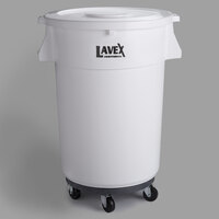 Lavex Janitorial 44 Gallon White Round Commercial Trash Can with Lid and Dolly
