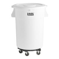 Lavex White Round Commercial Trash Can with Lid and Dolly