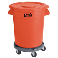 Lavex Janitorial 20 Gallon Orange Round High Visibility Commercial Trash Can with Lid and Dolly
